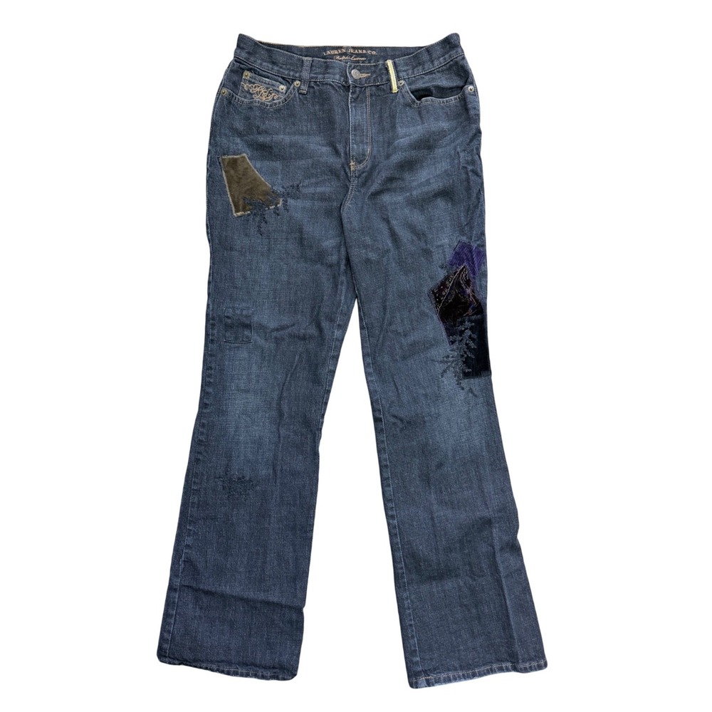 Lauren Ralph Lauren Jeans Women 8 Blue‎ Patchwork Beaded Bootcut Dark Wash Denim